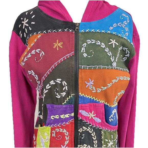 Y2K Nepal Boutique Artsy Zip Hoodie Jacket Large Boho Hippie Unique Patchwork - Picture 4 of 13
